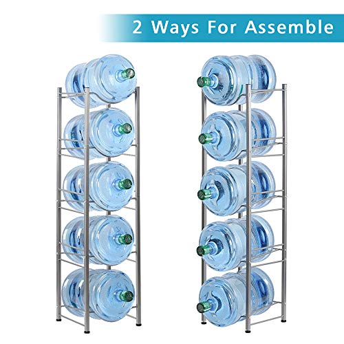 Water Jug Rack 5-Tier Water Cooler Bottle Holder Water Bottle Storage Rack 3-5 Gallon Detachable Heavy Duty Water Bottle Holder Shelf Save Space for Home Office Organization, Sliver
