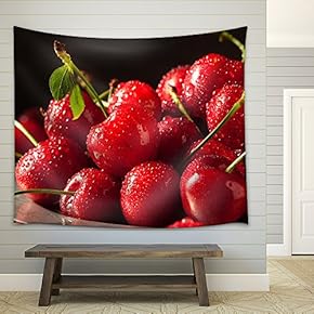 Raw Organic Strawberry Cherries Ready to Eat - Fabric Wall Tapestry Home Decor - 51x60 inches