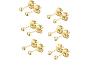 FOSIR 6 Pair Tiny Women Girls 14K Gold Plated Ball Stud Earrings Surgical Stainless Steel Earrings Set, 2-6MM