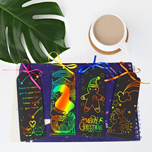 JINSEY Scratch Bookmarks Scratch Rainbow Paper Art Bookmarks 60 Pieces Scratch Paper DIY Bookmarks , with Wooden Styluses and Colorful Rope, Twine, Storage Bags