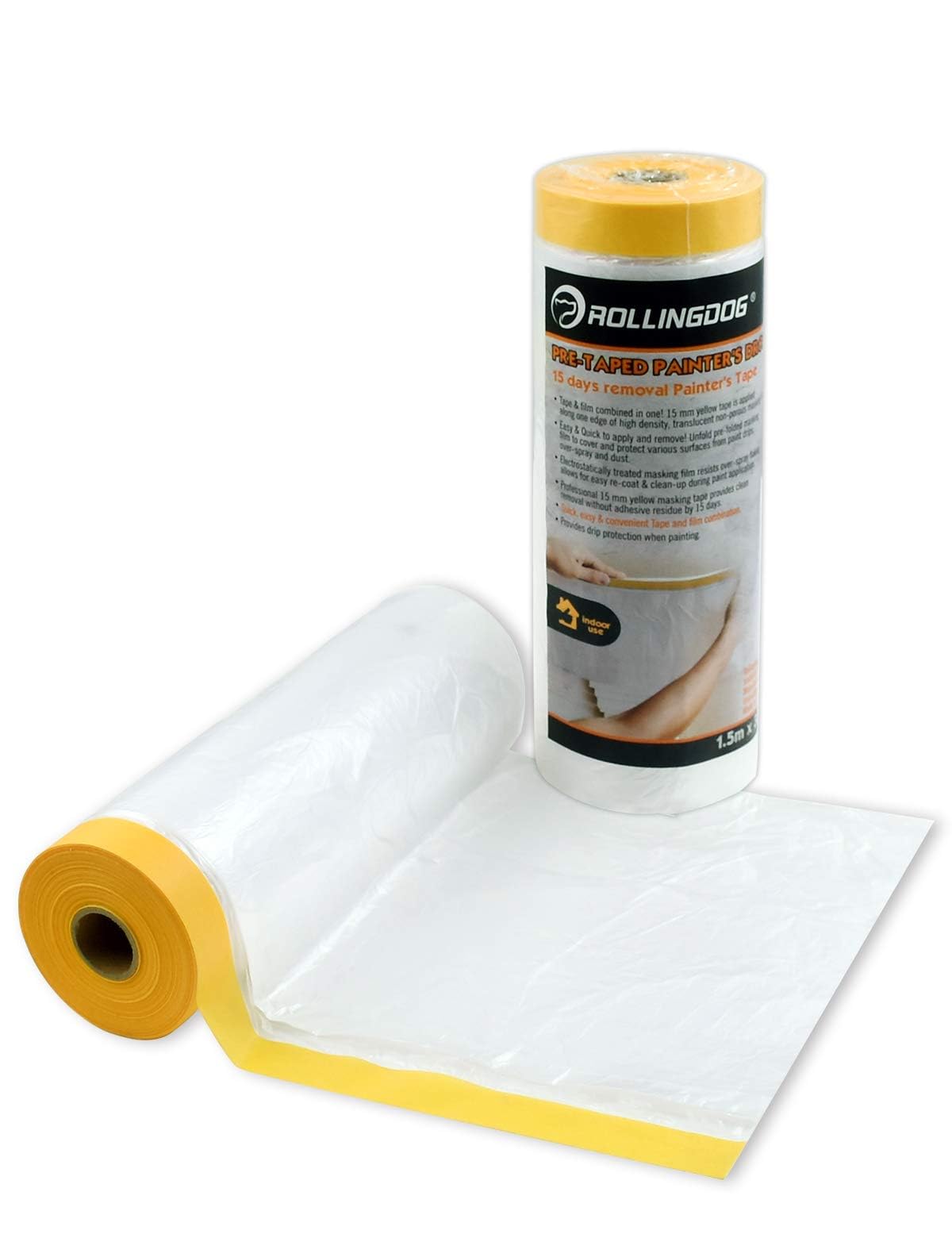 ROLLINGDOG Masking Film Pre-Taped Dust Sheets 1500mm×30m,Washi Masking Tape for Covering Walls, Cabinets, Furniture and Floors (Pack of 2)