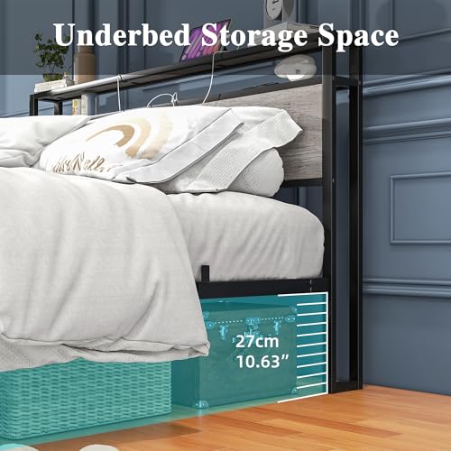 HOJINLINERO Queen Bed Frame with Storage Headboard/USB Charging Station,Metal Platform Bed Frame Queen Size Mattress Base No Box Spring Needed,Heavy Duty Metal Slats,Under Bed Storage,Noise-Free,Grey