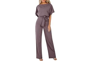 Lainuyoah Jumpsuits For Women Elegant Loose Short Sleeve Belted Wide Leg Pant Romper Crewneck Wedding Overalls Formal Outfits