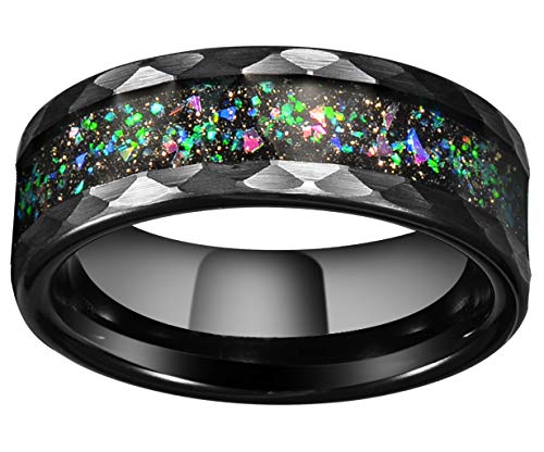 Queenwish 8mm Black Hammered Tungsten Wedding Band Engagement Wedding Rings for Women and Men with Galaxy Series Colorful Opal Inlay Promise Ring Gifts with Jewelry Box Size 6