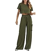 PEIARA Womens 2 Piece Lounge Sets Summer Short Sleeve Crop Tops Two Piece Outfits Wide Leg Palazzo Pants Set Tracksuits