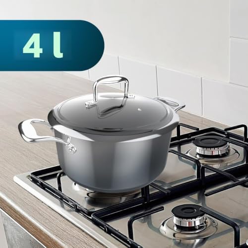 Casserole Polka Classy 24 Pot Steel. Diamètre 24 cm, Capacité 4 L, Acier Inoxydable 18/10, Revêtement Antiadhésif, Poignées Rivées, Couvercle En Verre,Convient à Tous Les Types De Cuisinières
