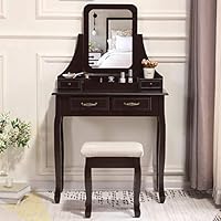 Unihome Vanity Table with Mirror Brown Dressing Table with 4 Drawers Small Makeup Table for Women