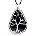 HongJinTian Natural Black Obsidian Wire Wrapped Tree of Life Gemstone Teardrop Pendant Necklace Healing Crystal Chakra Jewelry