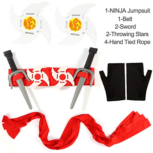 Kids Ninja Costume with Ninja Daggers and Throwing Stars Red Black Ninja Outfit Halloween Role Play for Boys & Girls(L)