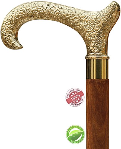 Black Friday Christmas Gifts Icrafts Wooden Walking Stick - 37' Vintage "Ebony" Brown Sheesham Wood Decorated with Golden Handle Walking Stick for Men and Women Decorative Canes