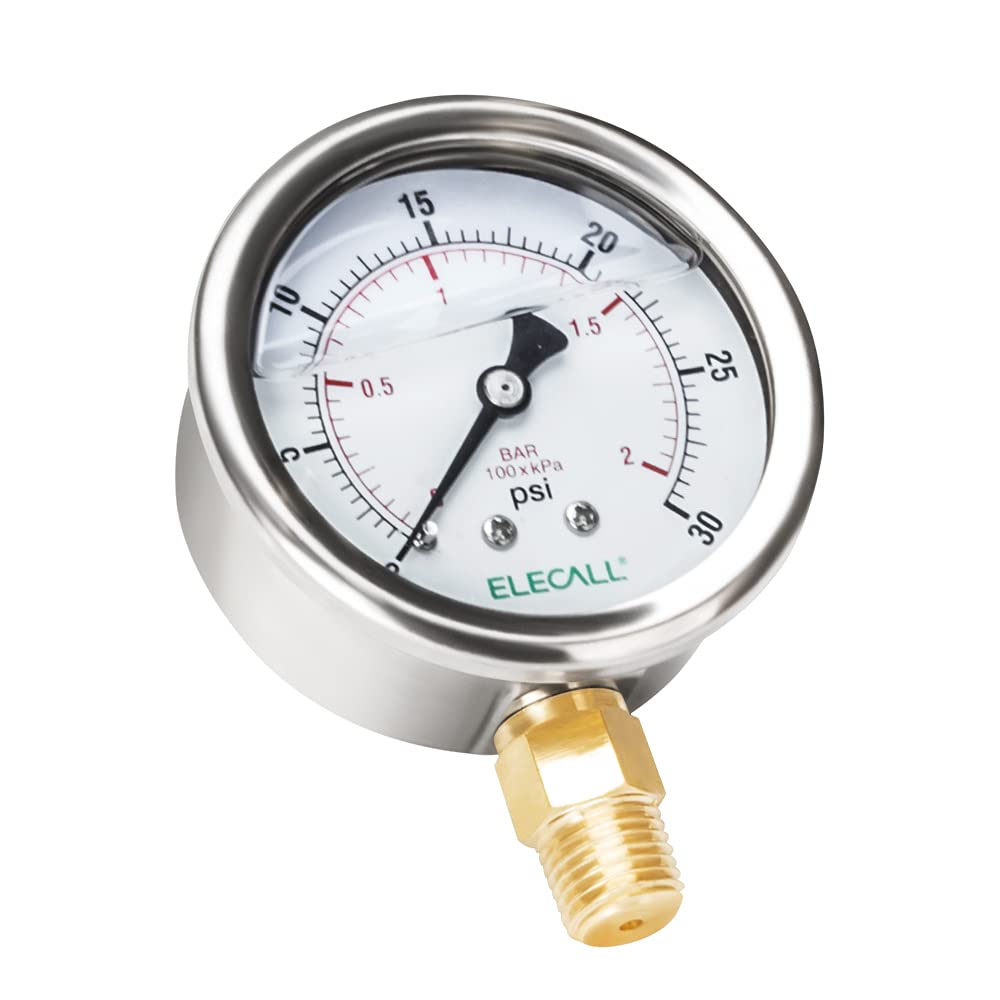 ELECALL 30psi Silicone Oil Filled Pressure Gauge for Water Oil Air Pressure Test in Pool Pump Sand Filter Air Compressor Water System, 2-1/2" Stainless Steel Case, Lower Mount 1/4" NPT — image 1
