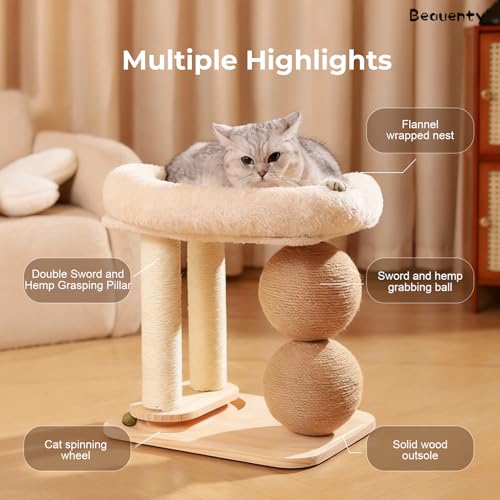 Beauenty Cat Tree Tower, Cat Bed with Scratching Post, Cats Tower and Resting Platforms for Kitty Activity Center, Kitty Bed with Hemp Rope Ball for Small Space