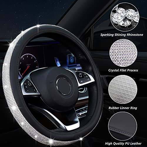 GEISTHOT 4 Pcs Bling Car Accessories for Women Girls, Car Decor Set, Rhinestone Bling Steering Wheel Cover Universal Fit 15 Inch, Glitter Car Seat Belt Covers, Bling Start Button Sticker