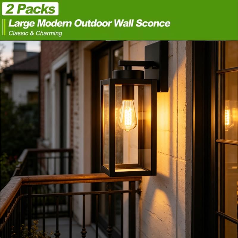 XZM Waterproof Outdoor Wall Light Fixture 2 Pack, Black Exterior Porch Light Wall Sconce with Clear Glass, Anti-Rust Weatherproof E27 Base for House Front Door Patio Garage Garden (2 Pack)