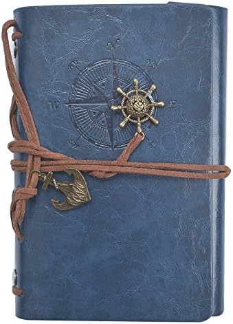 Leather Journal Spiral Notebook, Classic Binder Vintage Pirate Nautical Embossed Travelers Dairy Journal Notepad for Adults &amp; Children with Blank Pages and Retro Pendants (Blue)