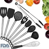 Silicone Kitchen Utensils Set For Cooking Nonstick, Umite Chef 9 PCS Stainless Steel Silicone Utensil Sets, Turner, Spaghetti Server, Skimmer, Spoon, Spatula, Ladle, Food Tong, Whisk, Pancake Turner