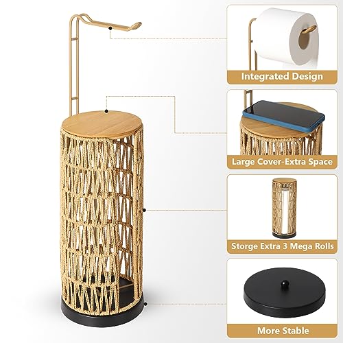 Freestanding Toilet Paper Dispenser Storage with Shelf, Standing Bathroom Toilet Paper Dispenser, Boho Rattan Toilet Paper Storage for 4 Rolls of Toilet Paper