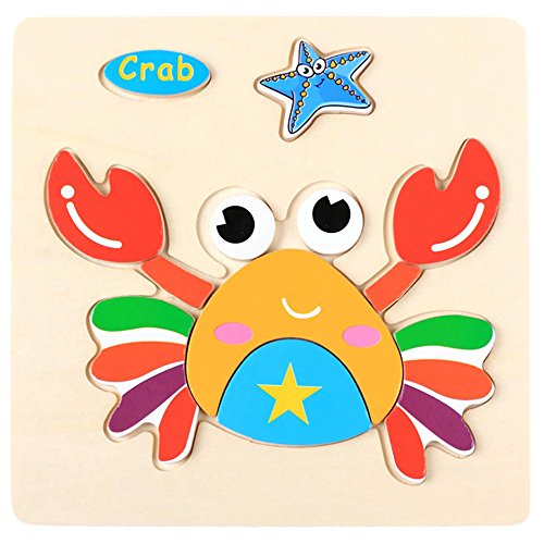 Kids Puzzles Toys, Wooden Animals Fancy Education Learning Intelligence Toys (Crab)