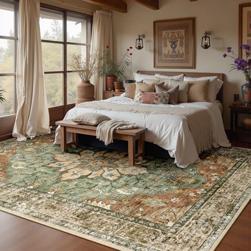 RELEANY Area Rugs 8x10 Floral Washable Rug Carpet, Brick Rust Red Brown | Boho Farmhouse, Low Pile Non Slip, Soft Print, Home Decor, Indoor for Living Room Bedroom Kitchen Hallway Dining Room Office