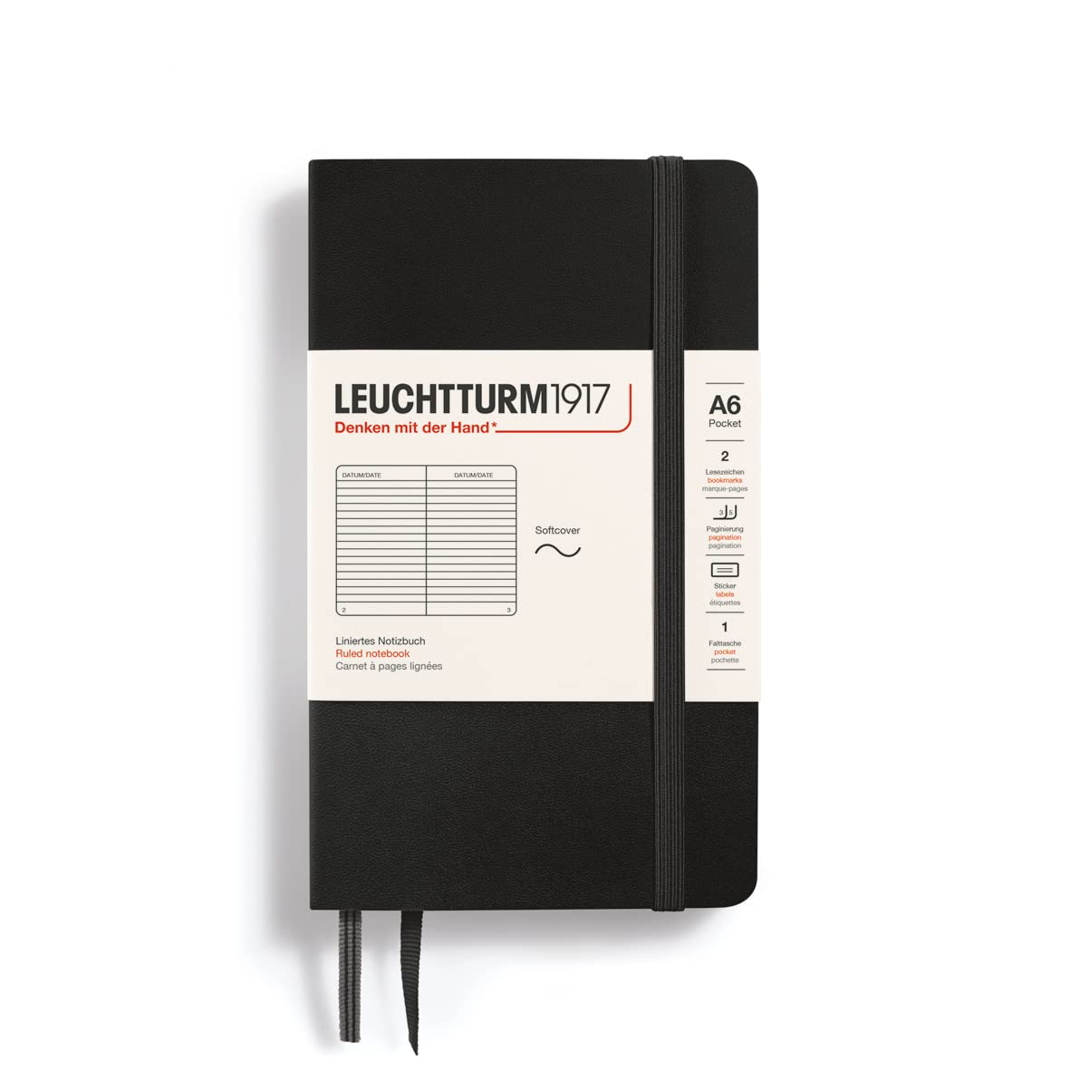 Leuchtturm 90mm x 150mm A6 Pocket Soft Cover Lined Notebook - Black