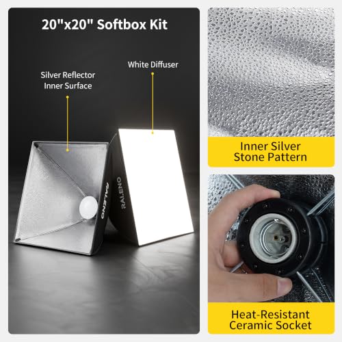 RALENO Softbox Lighting Kit, 2×50×50cm Photography Studio Lighting with 50W 5500K LED Bulbs, 97 CRI Light Box Lighting for Video Recording, Studio, Portraits and Product Shooting Youtube