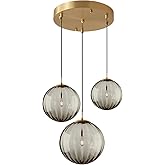 KCO Lighting Modern Gold 3 Light Hanging Pendant Light Large Smoke Glass Globe Cluster Chandelier Brush Brass Kitchen Island 