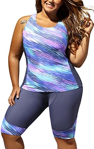 Pattrily Womens Women's Plus Size Rash Guard Capris Tankini Set Athletic Swimwear S-5XL