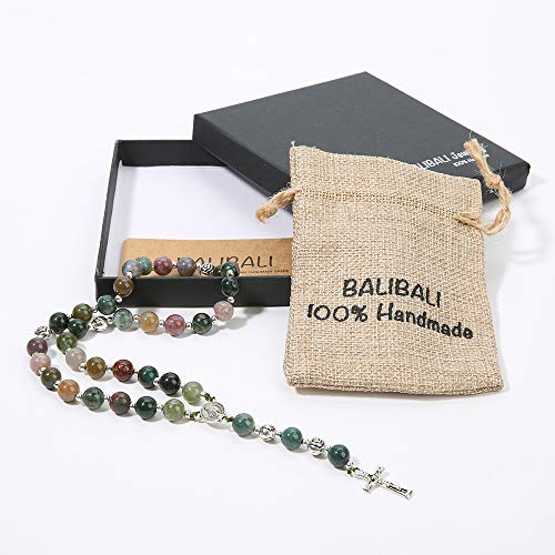 BALIBALI Handmade 8mm Anglican Prayer Beads Rosary Jade Natural Stone Rosary Beads with Pardon Crucifix Cross Custom Rosary (Silver(India Agate))