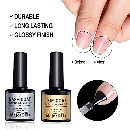 Base Coat No Wipe Top Coat Set for UV LED Gel Nail Polish, Shine Finish and Long Lasting, Soak Off UV LED Gel, 12ml Each Bottle