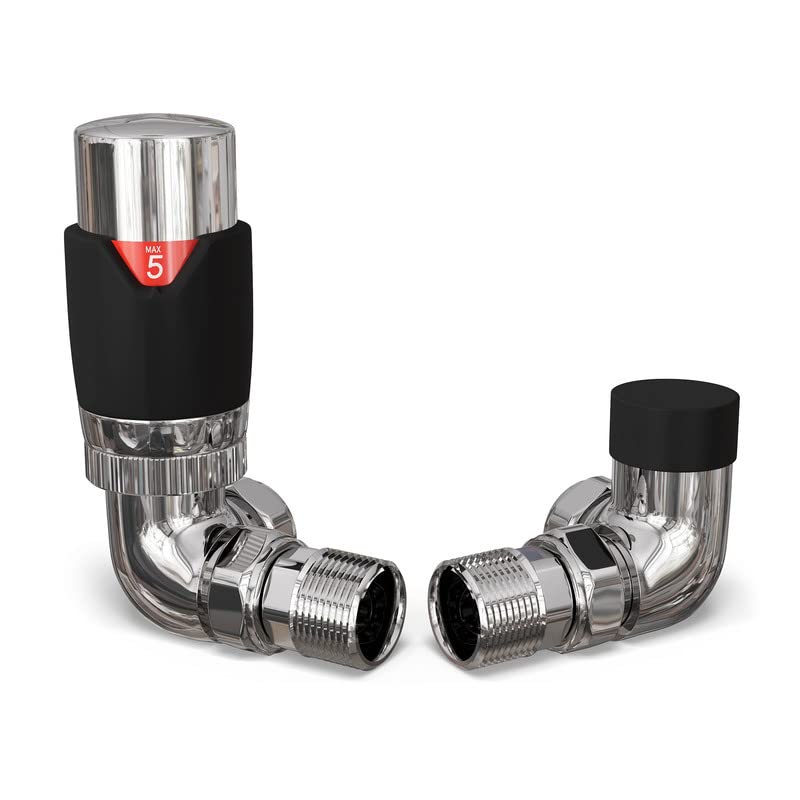 UK Radiators Black Thermostatic Radiator Valve and Corner Lockshield Valve - Matt Black Finish - Classy and Modern Design 1/2" x 15mm Corner Radiator Valve