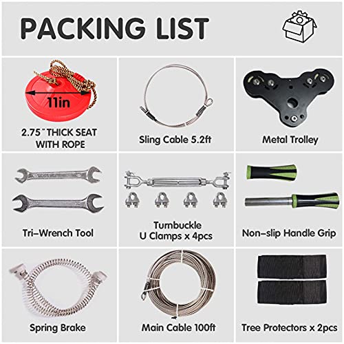 100 Foot Zip Line Kit, Up to 400 Lb, with Safe Spring Brake, 304