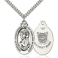 Bonyak Jewelry Sterling Silver St. Christopher Pendant 1 1/8 x 5/8 inches with Heavy Curb Chain