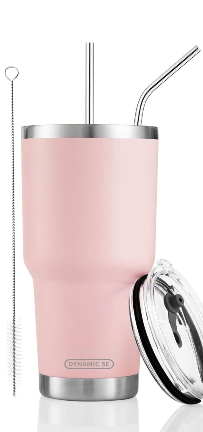 D·S 30oz Sakura Pink Tumbler Stainless Steel Double Wall Vacuum Insulated Mug with Straw and Lid, Cleaning Brush for Cold and Hot Beverages