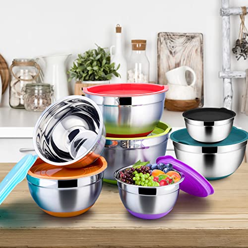 TeamFar Mixing Bowls, Mixing Bowls with Lids Set, Stainless Steel Large Metal Nesting Salad Bowl