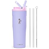 Coolflask Water Bottle 32 oz Fits Car Cup Holder, Slim Tumbler Stainless Steel with Straw & Handle, Vacuum Flask Leakproof Wide Mouth for Travel Sports Gym, Lavender