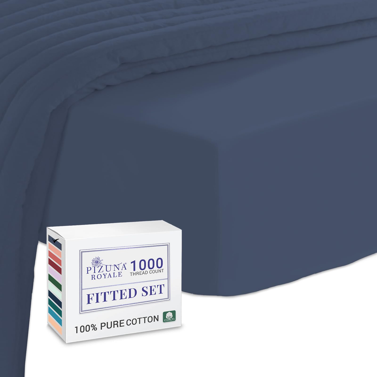 Pizuna Luxurious Cotton Emperor Size Fitted Sheets Dark Blue, 1000 Thread Count 100% Long Staple Cotton Emperor Fitted Sheets 200x200cm, Sateen Weave Thick Fitted Sheet Extra Deep 40 cm Fit - 1 PC