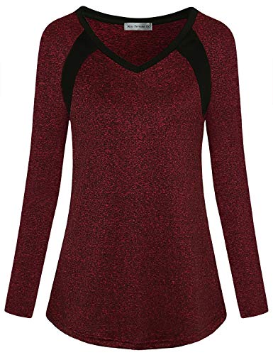 Long Sleeve Yoga Tops Plus, Miss Workout Shirts for Women Loose Fit Cool Dri T-Shirt Quik Dry Training Tees (Wine Red-1, X-Large)