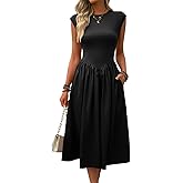 Imily Bela Womens Casual Cap Sleeve Midi Dress Crewneck Swing Flowy Empire Waist Long Dress 2025 Summer Trendy Outfits