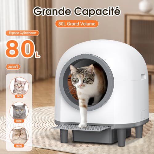 RWSRW Litiere Chat Autonettoyante, 80L Bac à Litière à Nettoyage Automatique par APP et 9 Capteurs, Automatique avec Contrôle pour Les Grands Chats (Blanc)