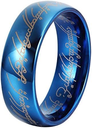 8mm Blue Tungsten Ring with "The Lord of the Rings" Laser Letter Words Domed Wedding Bands Top Polished Couple Rings Mens Womens Tungsten Bands, Christmas Gift for Boyfriend/girlfriend, Matching Wide Tail Ring Thumb Ring
