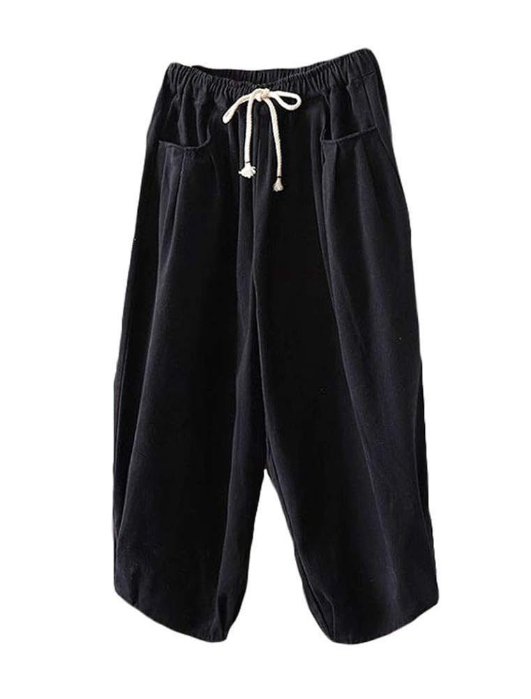 Photo 1 of Minibee Women's Baggy Harem Pants Wide Leg Casual Pant Summer Cotton Drawstring Trousers with Pockets Black XXL
