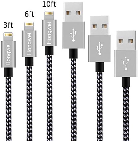 iPhone Charger Cables, HW 3PACK 3FT/6FT/10FT Lightning Cable,8 Pin Nylon Braided Charger Cable Charging Cord Certified for iPhone X/8/8 Plus/7/7 Plus/6s/6s Plus/6/6 Plus,iPad/Air/Mini (Black Gray)