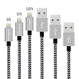 [3 Pack 123m] iPhone Charger Cable, HW 3/6/10ft Extra Long Lightning Cable Nylon Braided iPhone 6 Charger Cable Charging for iPhone 7/7 Plus/6s/6s Plus/6/6 Plus/5/5S/5C/SE, iPad/Air/Mini(Black Gray)