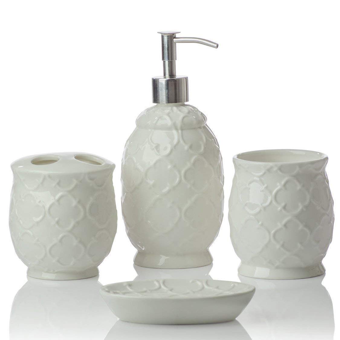 Designer 4Piece Ceramic Bath Accessory Set Includes Liquid Soap or