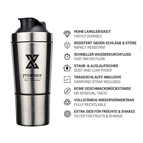 X SIM FITNESSX 700ml+200ml Eiweiss Protein Shaker mit Pulverfach Edelstahl Shaker Eiweiß Becher mit Siebeinsatz für… – Bild 6