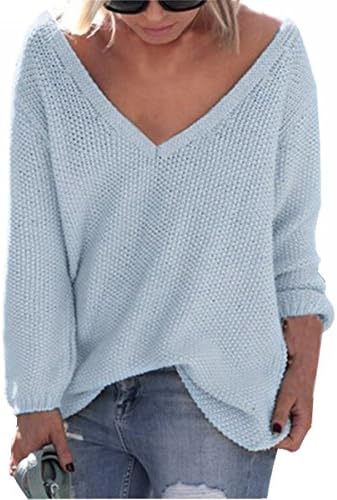 UGET Women's Casual Autumn V Neck Loose Knit Pullover Tops Sweater Jumper Asia L Light Blue
