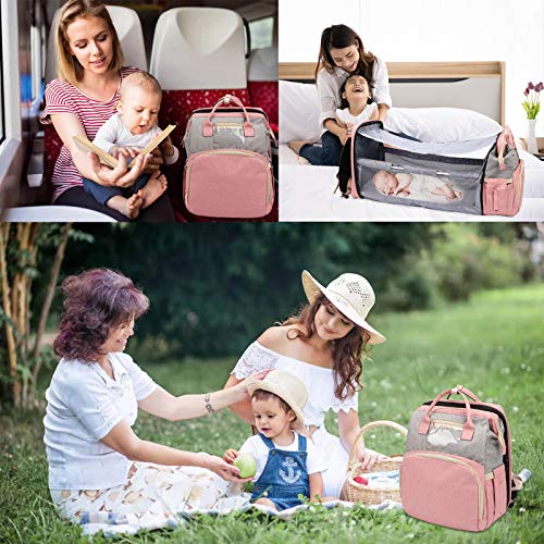 3 in 1 Diaper Bag Backpack, Travel Foldable Baby Bed with USB