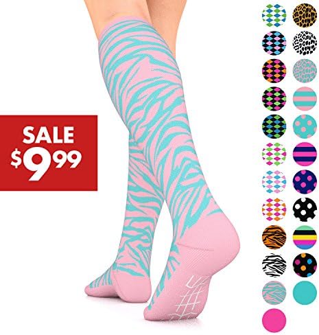 Go2 Fashion Compression Socks for Men &amp; Women 15-20 mmHg Athletic Running Socks for Nurses Travel Medical Graduated Nursing Compression Stocking Sport Sock (PinkTurquoiseZebra,M)
