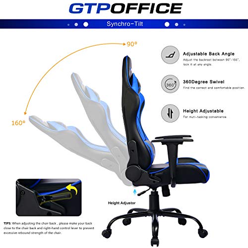 GTPOFFICE Gaming Chair Massage Office Computer Chair for Adult Reclining Adjustable Swivel Leather Computer Chair High Back Desk Chair Headrest and Massage Lumbar Support Cushion(Blue) - Thumbnail 2