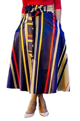 GLUDEAR Women's Striped Print High Waist A-Line Belted Long Maxi Skirt with Pockets